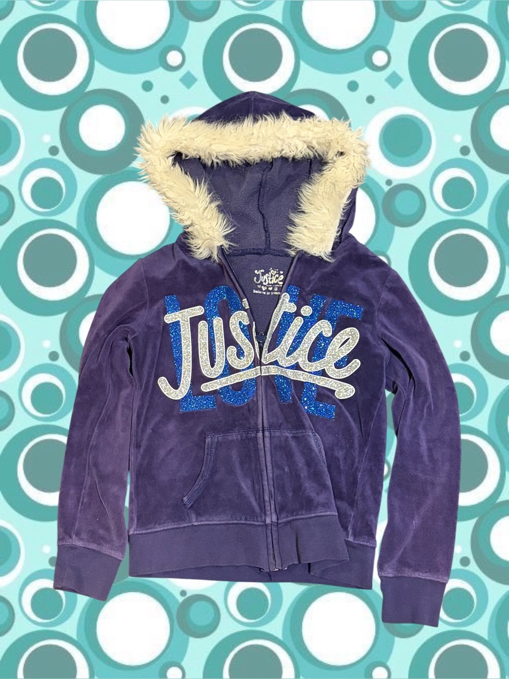 Justice Purple Fur Hoodie Zip up with Glitter Logo 🌀💜